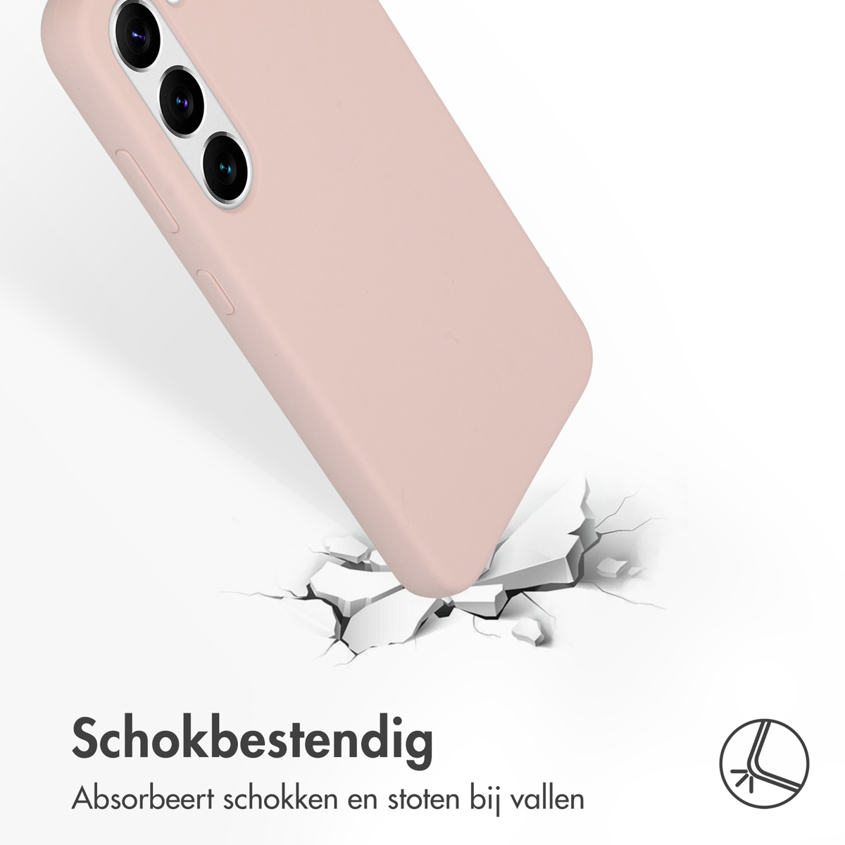 Un étui de téléphone rose est tombé, fissurant le sol. Le texte dit antichoc, absorbe les chocs et les chocs en cas de chute.