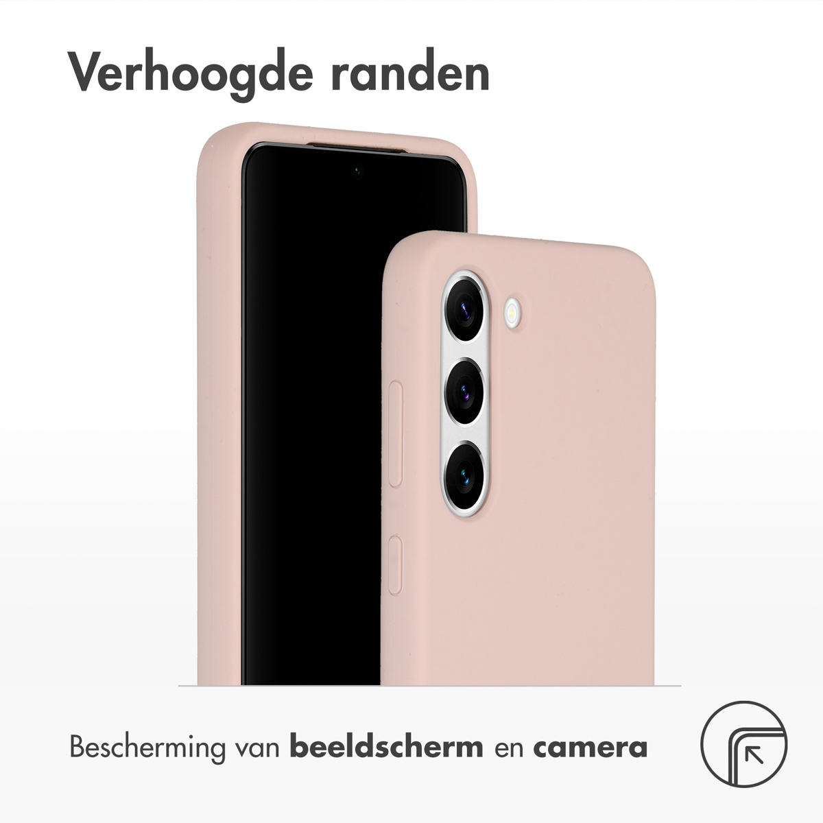 Téléphone dans un étui rose. L'étui a des bords surélevés pour protéger l'écran et l'appareil photo.