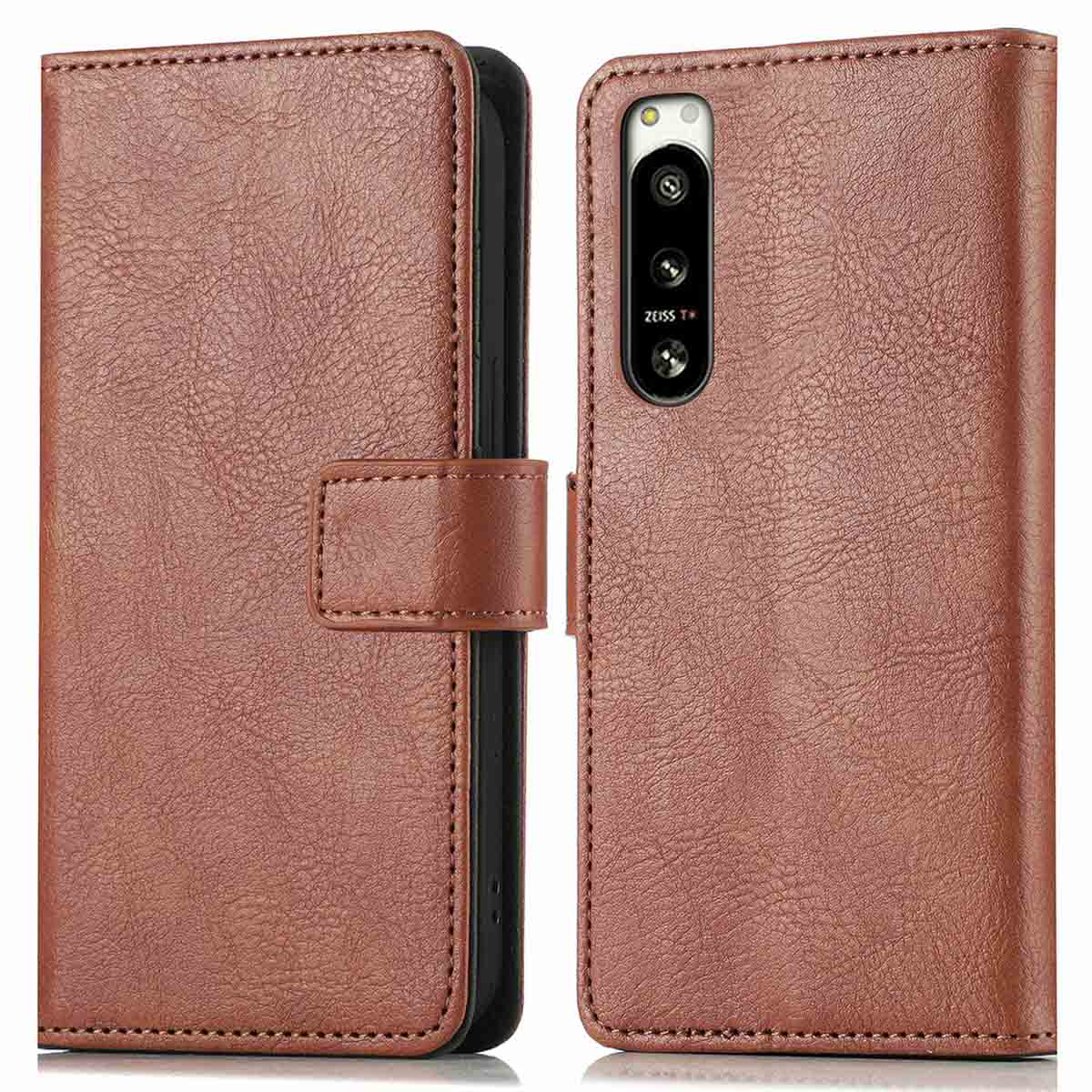 Étui de téléphone marron, ouvert. À l'intérieur, un téléphone avec des objectifs de caméra visible.