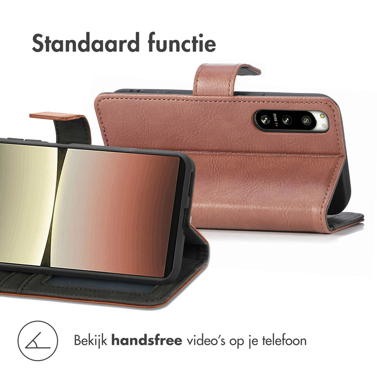 Coque de téléphone et téléphone, ouverts. Le téléphone affiche un écran. Texte en haut et en bas.