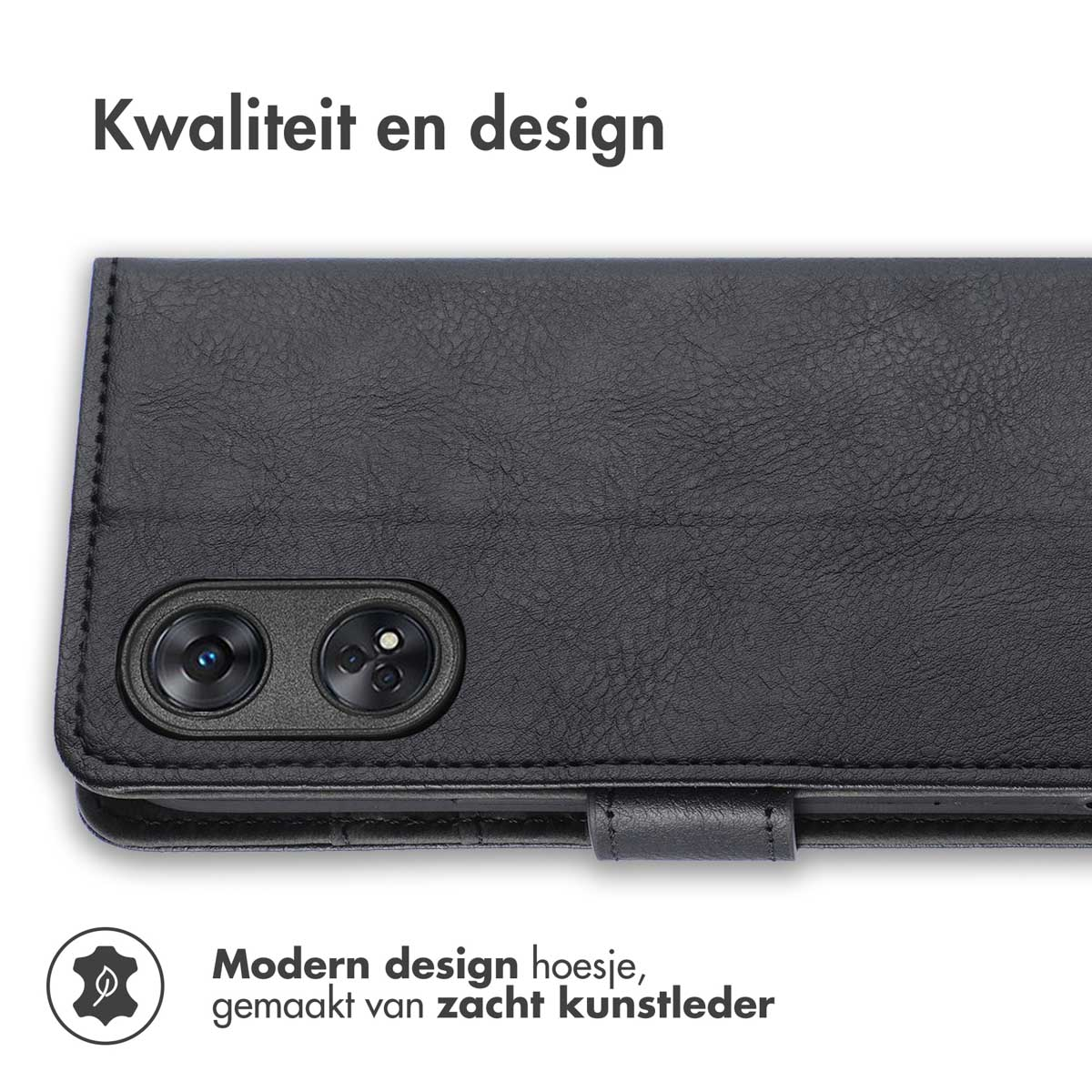 Zwarte telefoonhoes met telefoon erin. Modern design, gemaakt van zacht kunstleer.