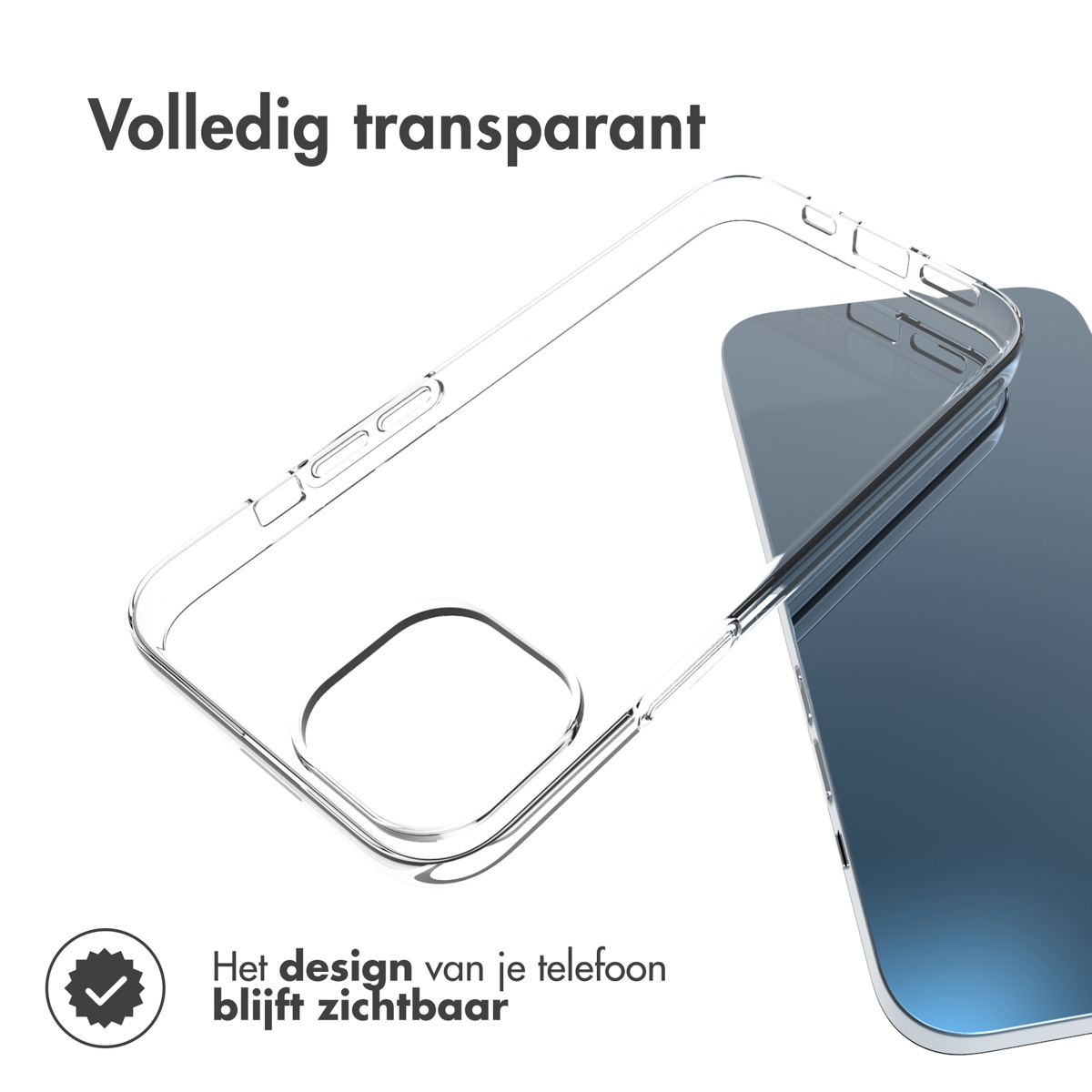 Custodia trasparente per telefono su un telefono. Il testo dice: Il design del tuo telefono rimane visibile.