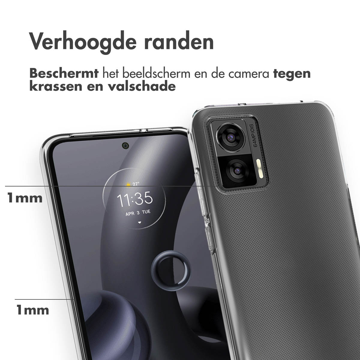 Téléphone dans un étui transparent. Texte: Bords surélevés pour protéger votre écran. Le téléphone a deux caméras.