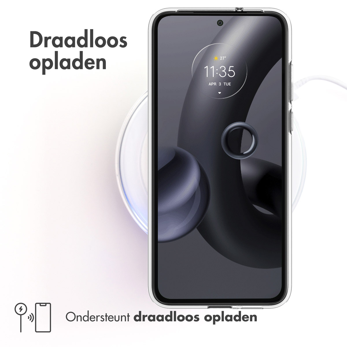 Téléphone sur chargeur sans fil. Texte: Chargement sans fil, prend en charge le chargement sans fil.