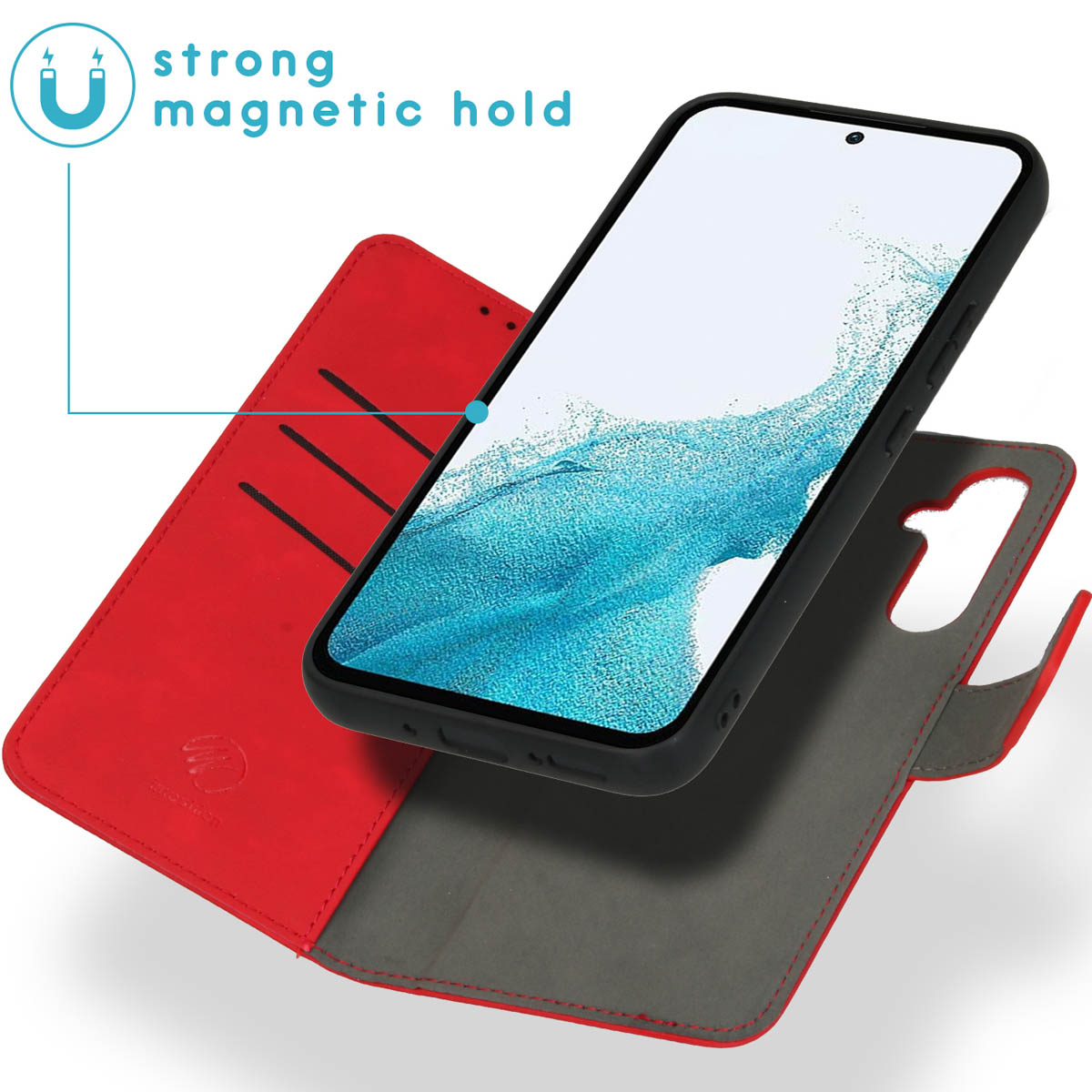 Téléphone dans un étui rouge. Texte de maintien magnétique en haut. Fond blanc.