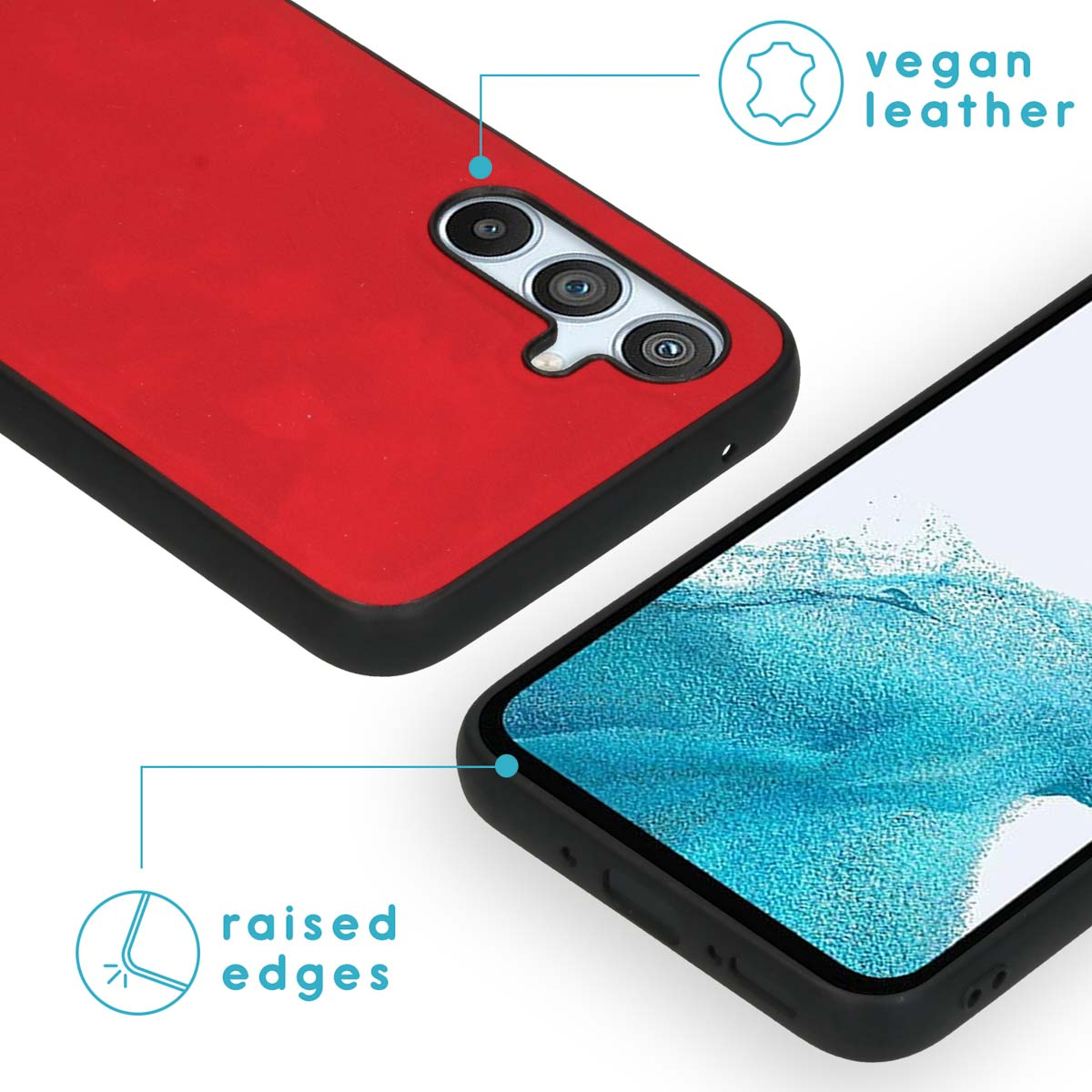 Coque de téléphone rouge avec cadre noir, avec bords surélevés pour protéger l'écran et la caméra.