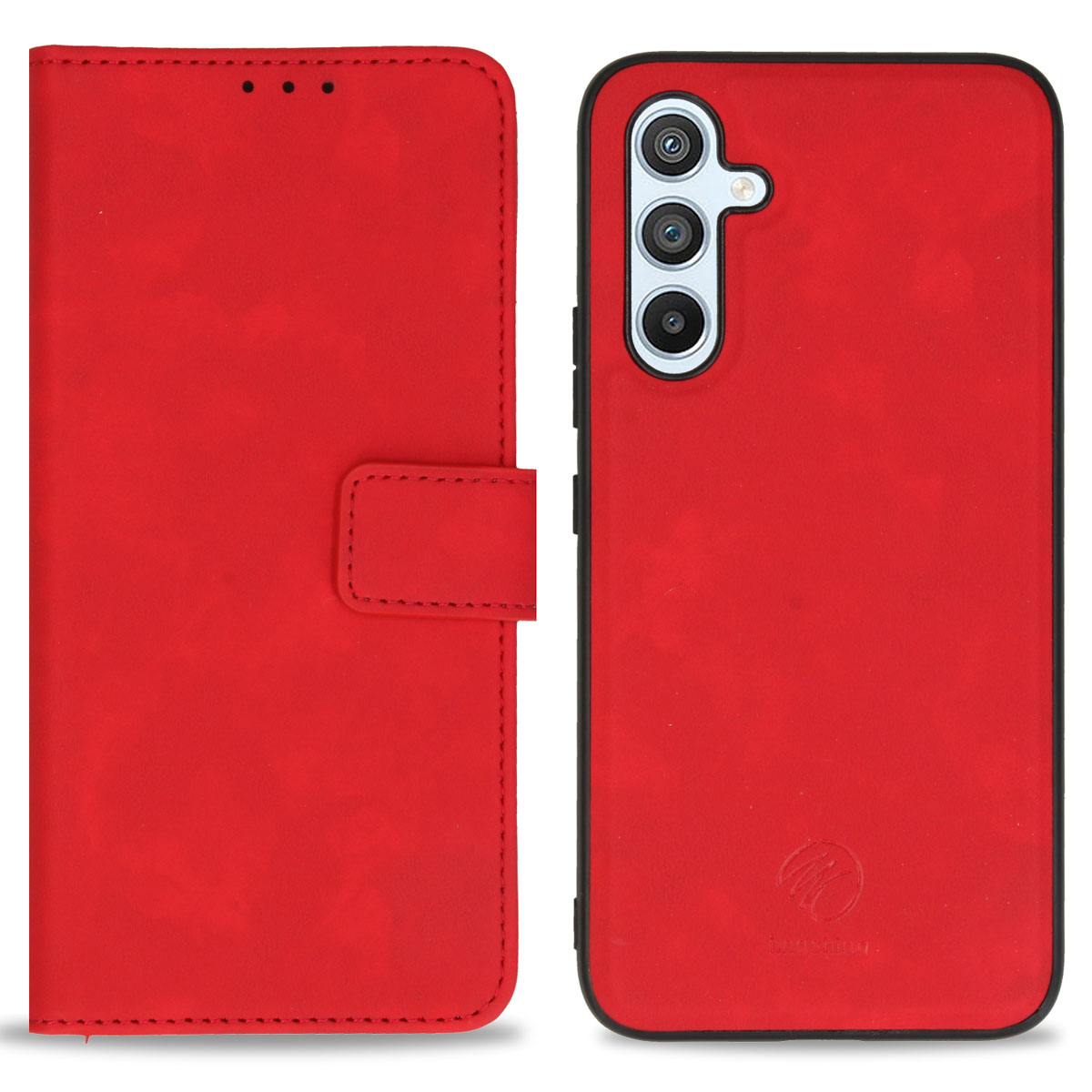Étui de téléphone rouge, ouvert pour révéler le téléphone. Fermoir magnétique.