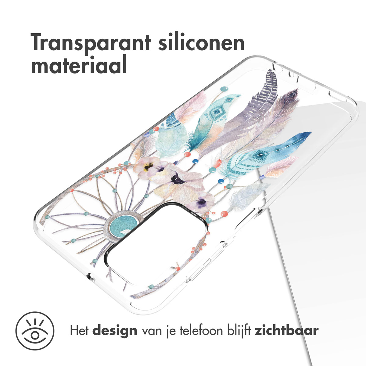 Coque de téléphone avec motif plumes. Matériau silicone transparent et design visible.