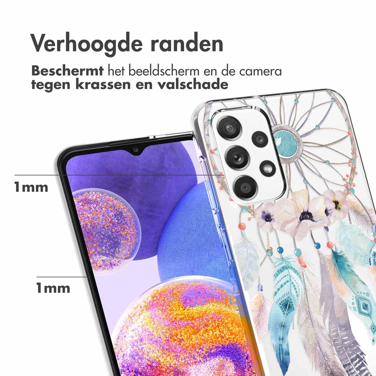 Coque de téléphone avec motif attrape-rêves. Texte: Bords surélevés, protège l'écran et l'appareil photo.