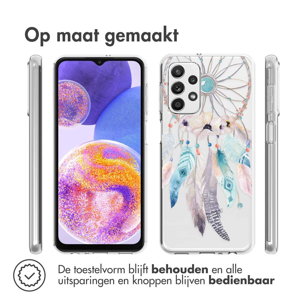 Téléphone et coque avec motif attrape-rêves. La coque s'adapte à la forme du téléphone. Texte: Fabriqué sur mesure.