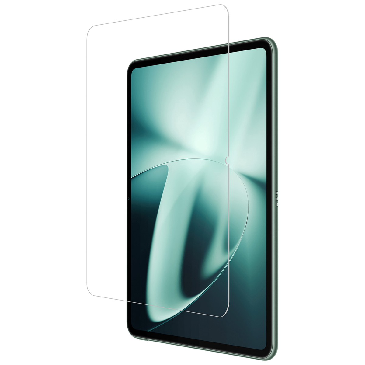 Una protezione per lo schermo trasparente su un tablet. Il tablet è verde. La protezione per lo schermo è trasparente.