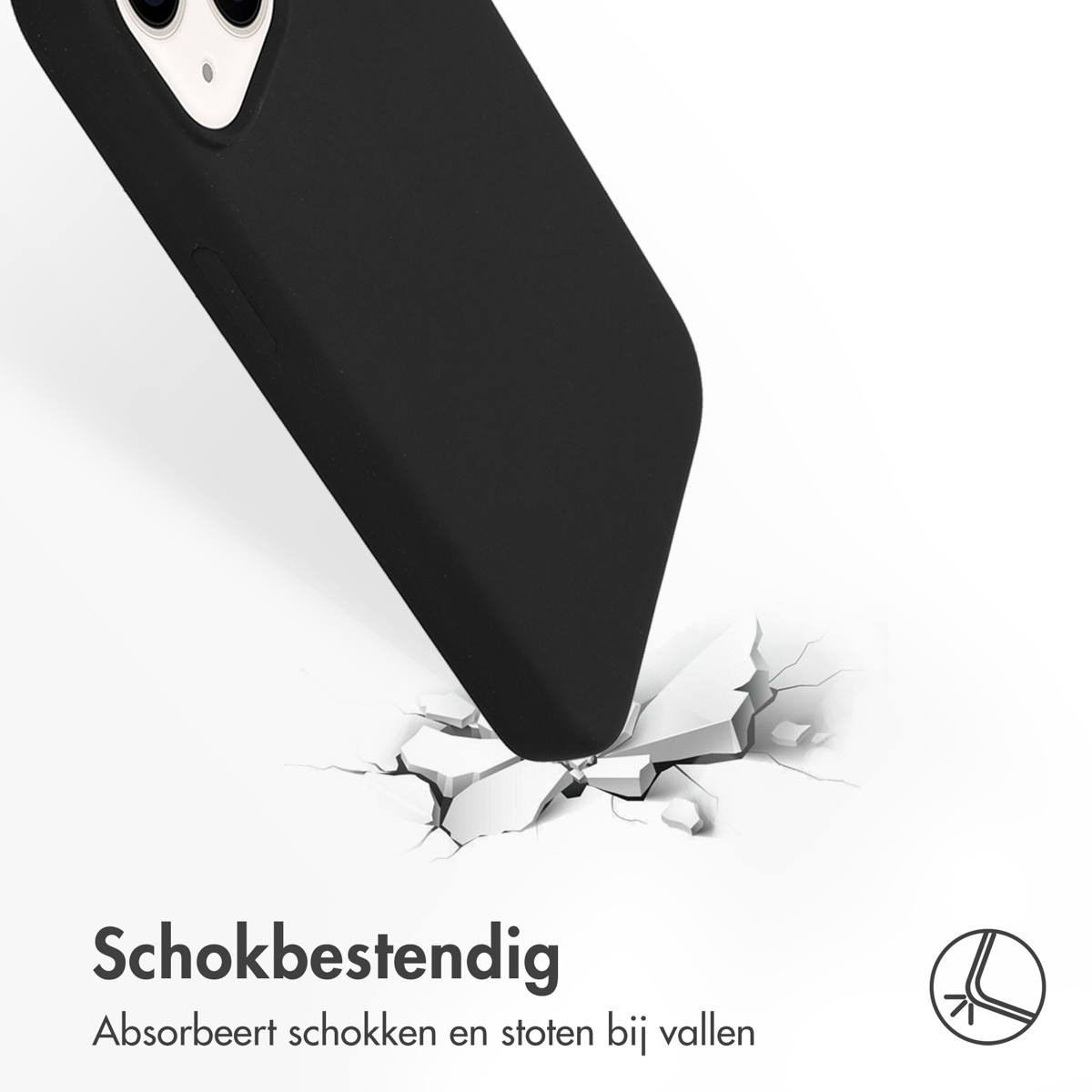Een zwarte telefoonhoes die een oppervlak raakt en scheuren veroorzaakt, wat schokbestendigheid impliceert.