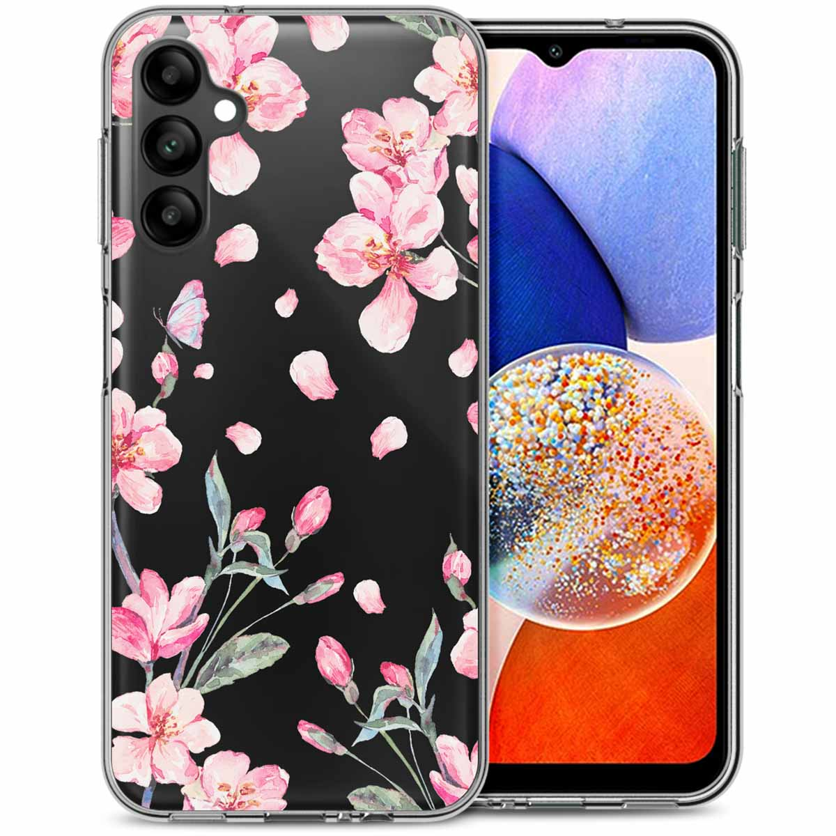 Coque transparente avec motif floral rose. Téléphone noir à l'intérieur.