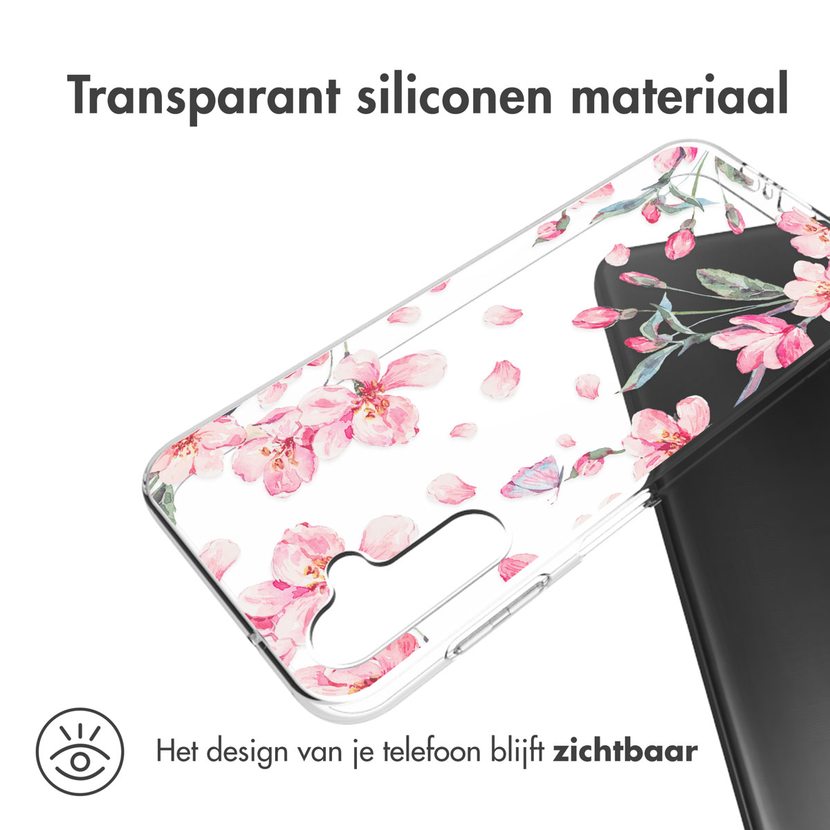 Coque de téléphone transparente avec motif floral rose. Texte: Matériau silicone transparent, design visible.