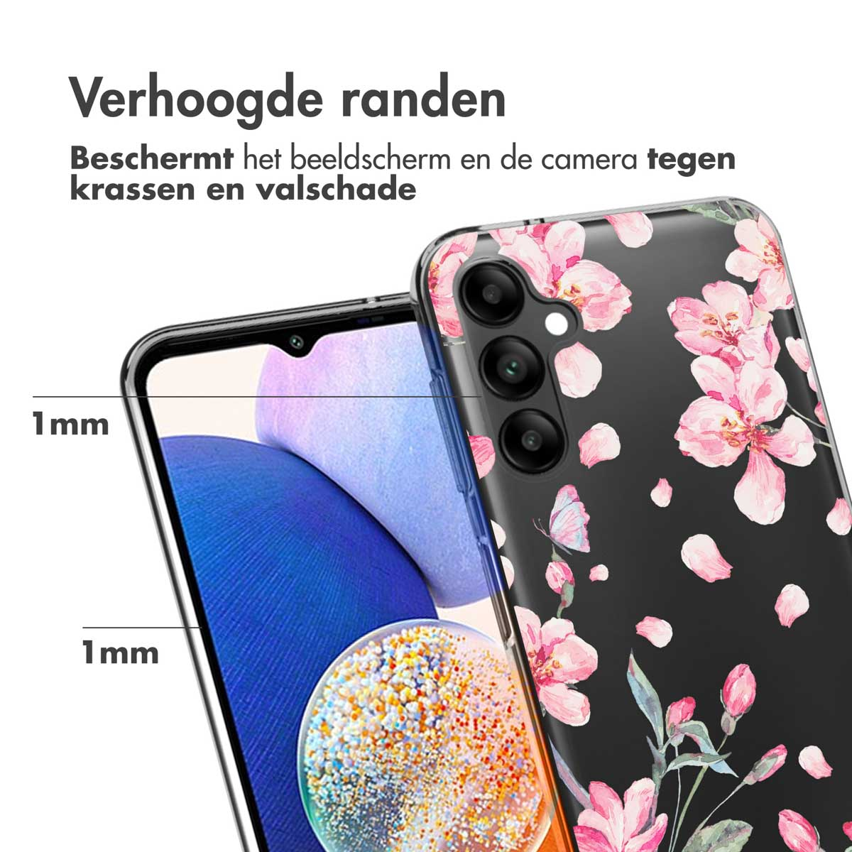 Téléphone avec coque florale. Texte: Bords surélevés. Protège l'écran et la caméra contre les rayures et les dommages.