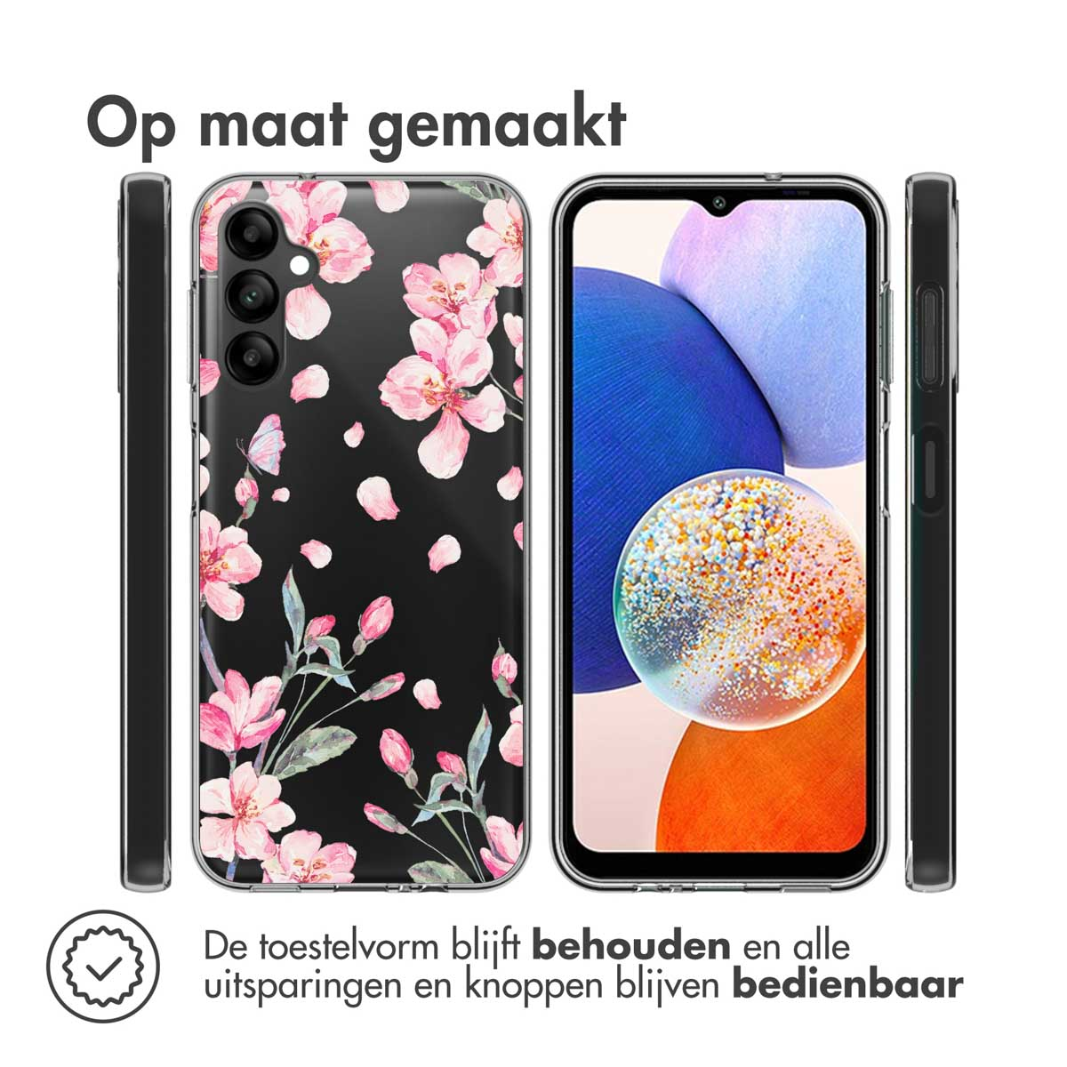 Coque de téléphone avec motif floral. Fond noir avec fleurs roses. Texte : La forme de l'appareil est conservée.