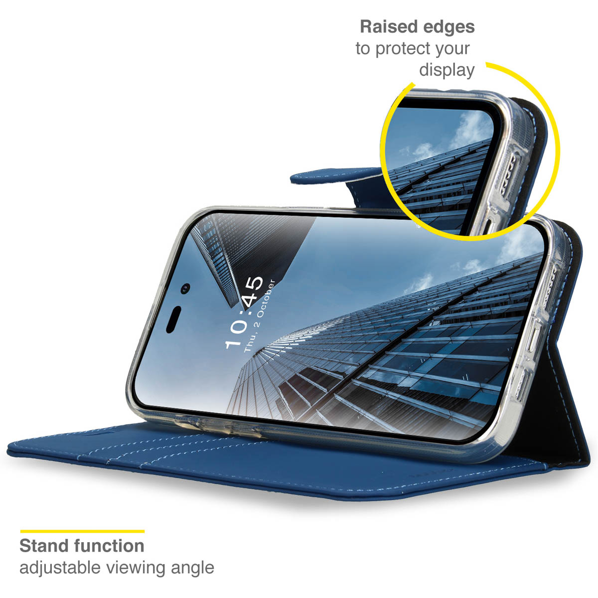 Téléphone dans un étui bleu, ouvert. Affiche l'écran avec un bâtiment. Fonction support, angle de vision réglable.