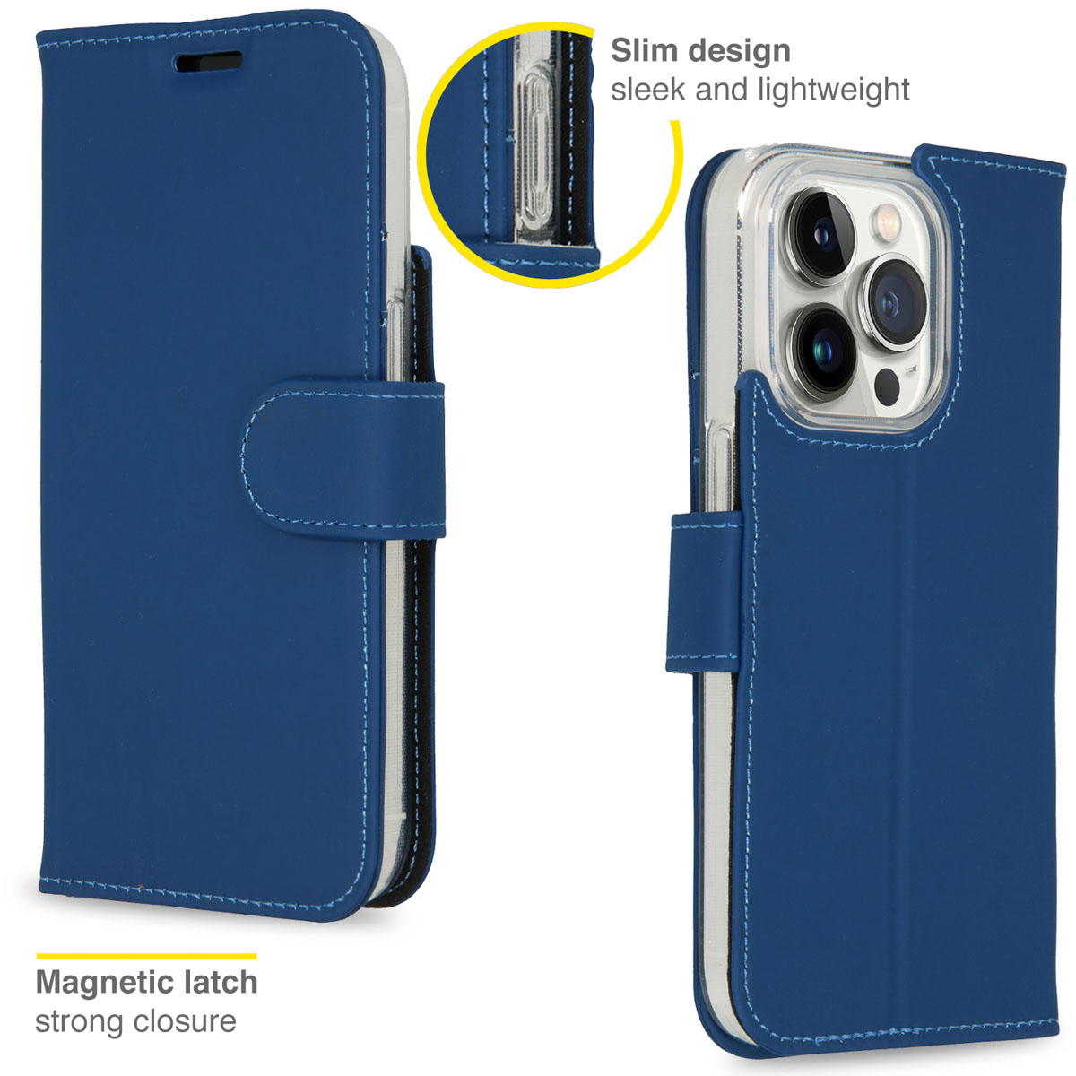 Coque de téléphone bleue. Montre un téléphone à l'intérieur, vues avant et latérale, avec fermoir.