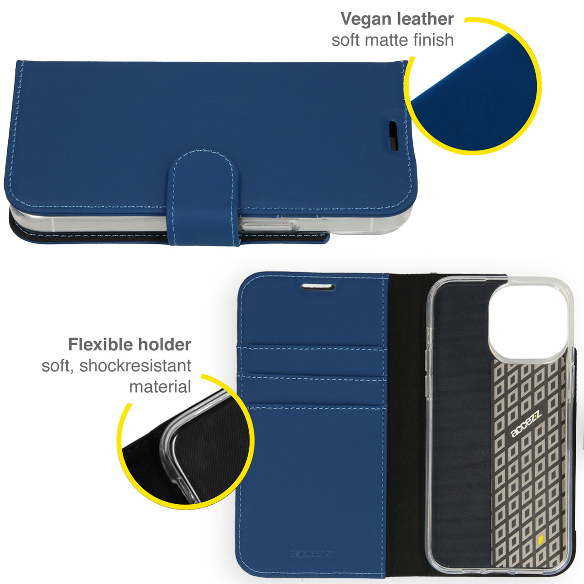 Étui de téléphone bleu, ouvert. Texte: Cuir végétalien, finition mate douce. Support flexible.
