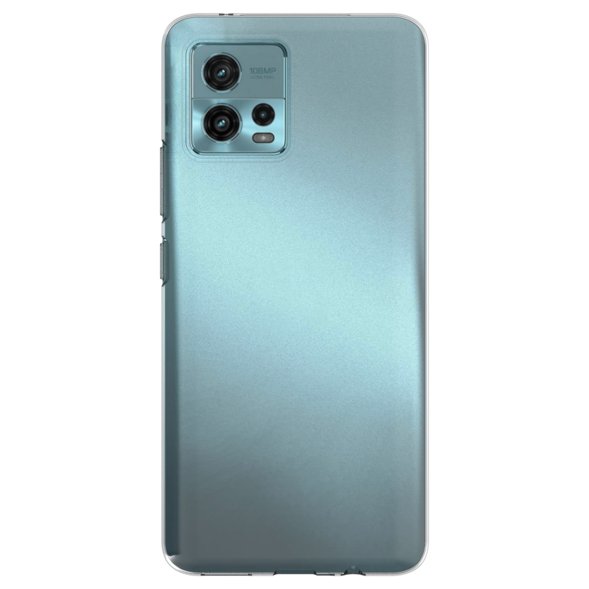 Retro del telefono blu. Mostra la fotocamera e il retro del telefono. Custodia trasparente sopra.