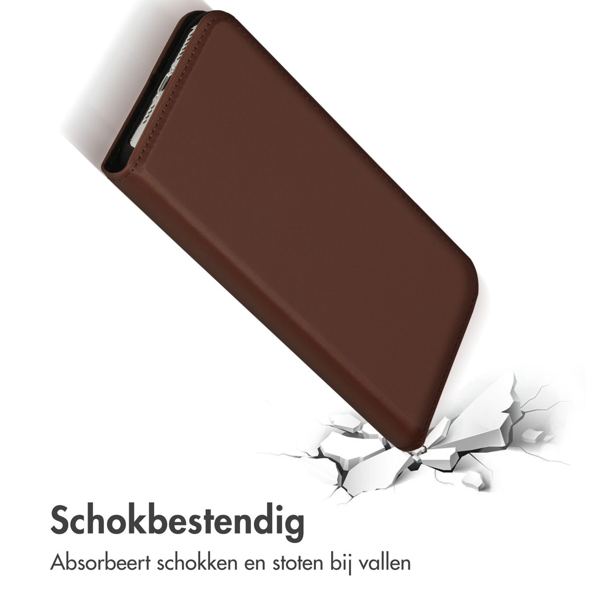 Une coque de téléphone marron en biais, fond blanc et texte: Schokbestendig.