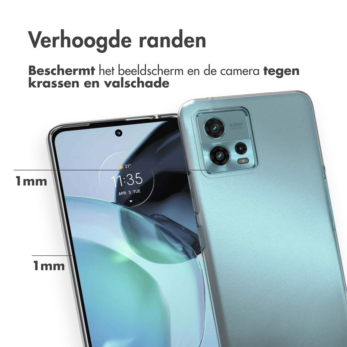 Téléphone avec coque transparente. Texte : Bords surélevés de 1 mm protègent l'écran et la caméra.