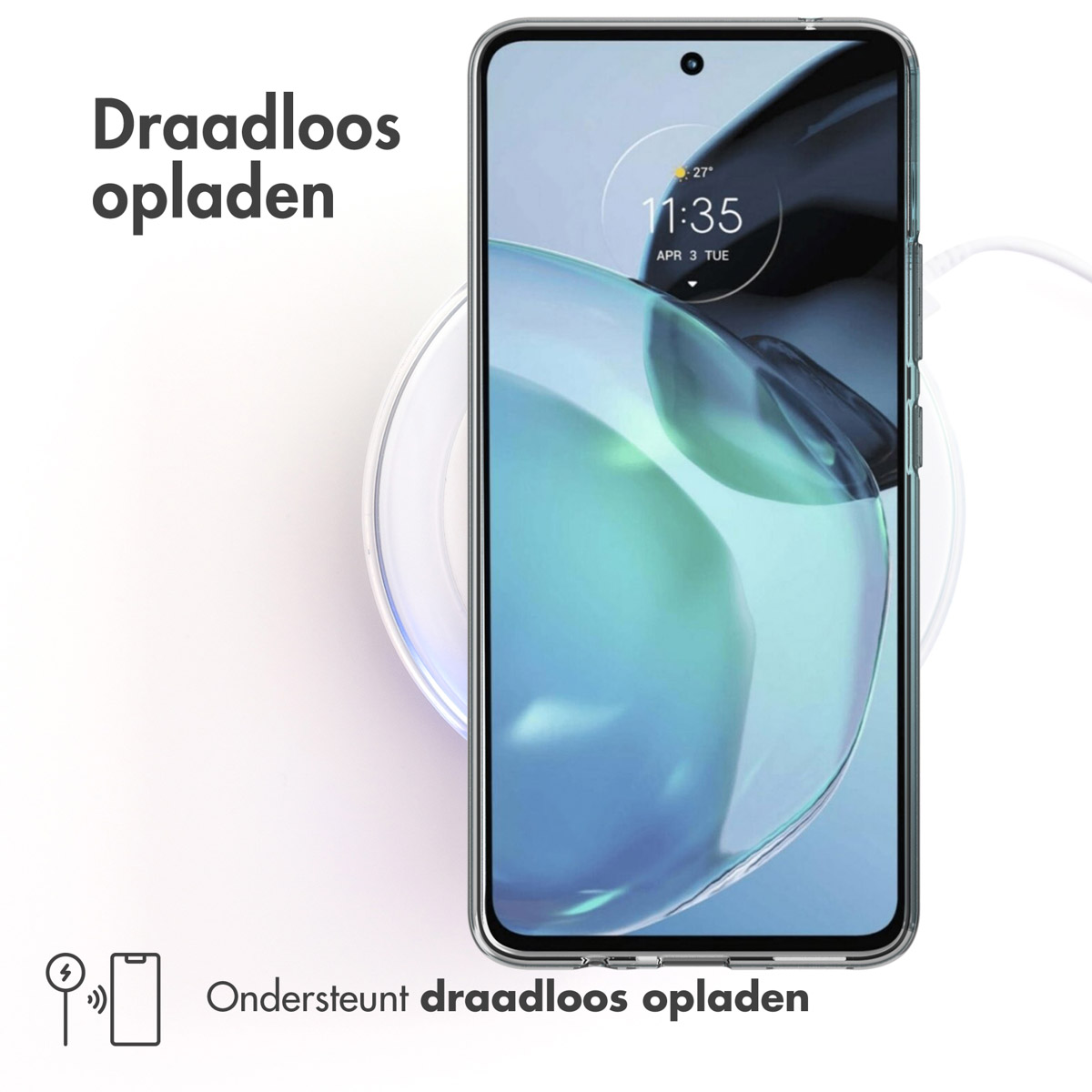Téléphone sur un chargeur sans fil. Texte: Chargement sans fil pris en charge. L'étui est en place.