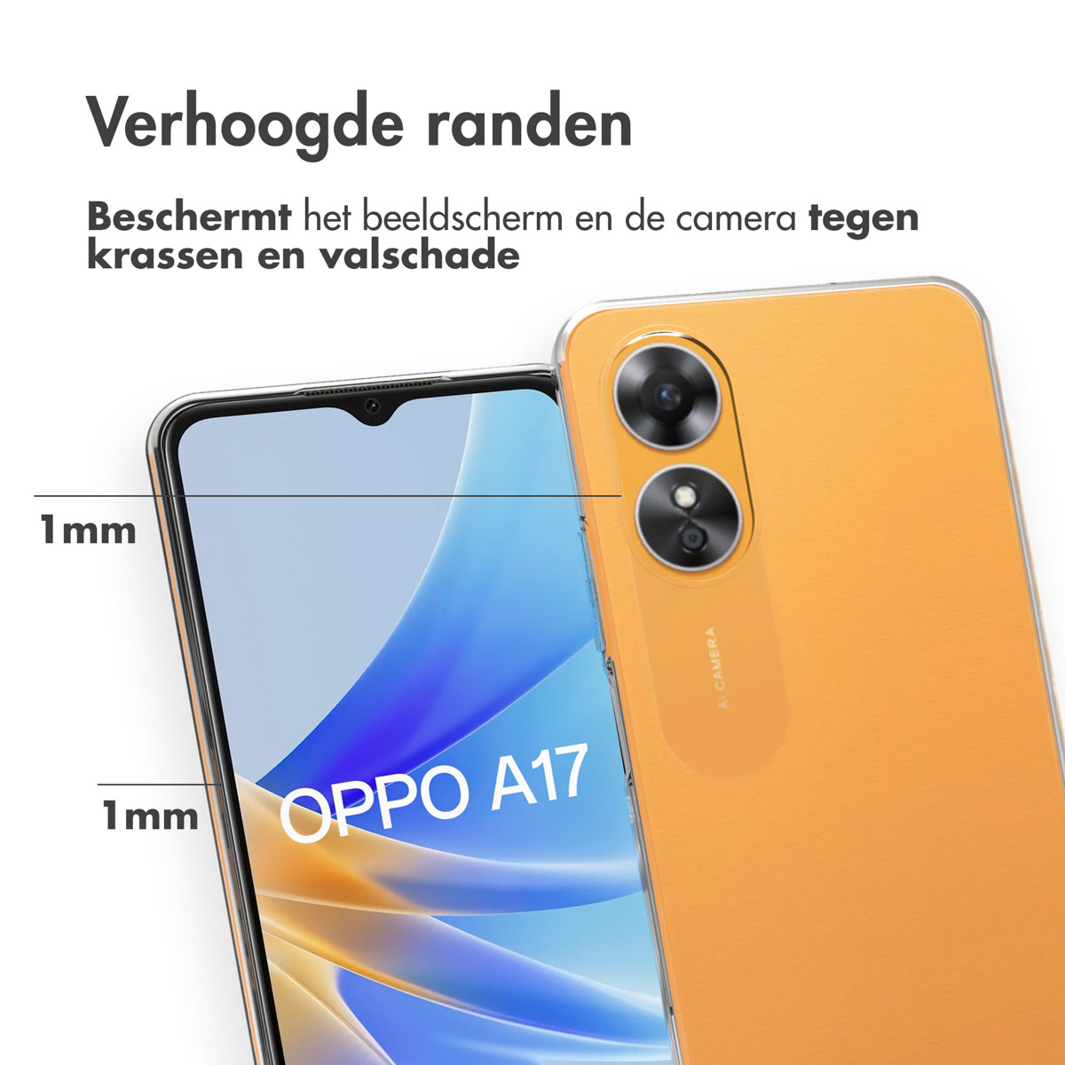 Custodia arancione attorno a un telefono, con bordi rialzati. Indicazione di 1 mm sullo schermo.