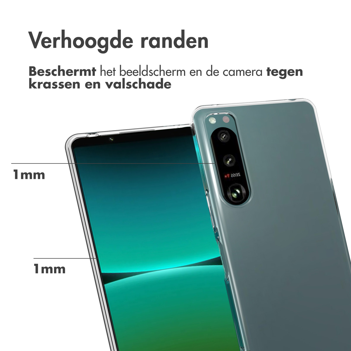 Transparante telefoonhoes op een telefoon. Tekst: 'Verhoogde randen beschermen het scherm'.