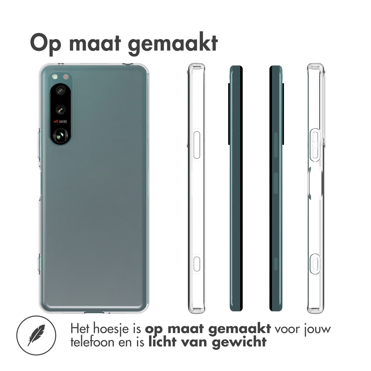Transparante telefoonhoes op een telefoon. Meerdere weergaven van de hoes en de telefoon. De telefoon zit erin.