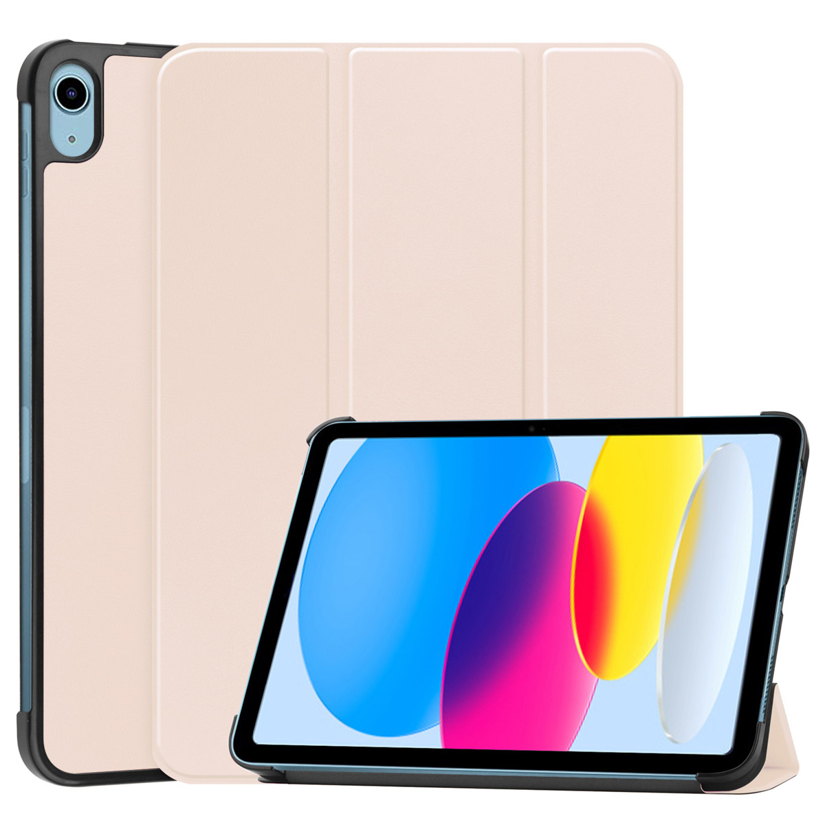 Tablet met hoes. De tablet heeft een scherm met kleurrijke graphics. De hoes is beige.