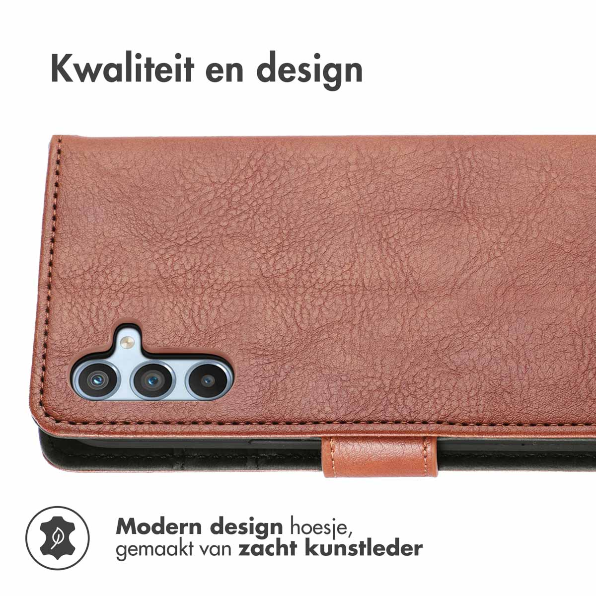 Bruin lederen telefoonhoesje met de camera. Tekst zegt: Modern design hoesje, gemaakt van zacht kunstleer.