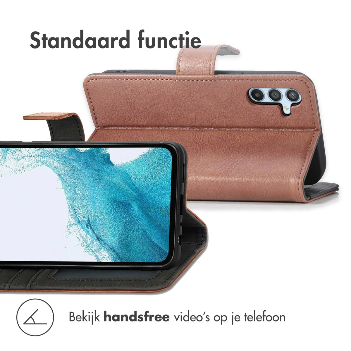 Een telefoon in een bruine hoes. Tekst zegt standaardfunctie. Telefoon kan handsfree op de telefoon bekeken worden.