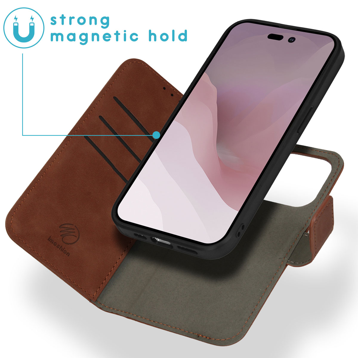 Bruine telefoonhoes, open, met een telefoon. Tekst: Sterke magnetische grip. De telefoon zit in de hoes.