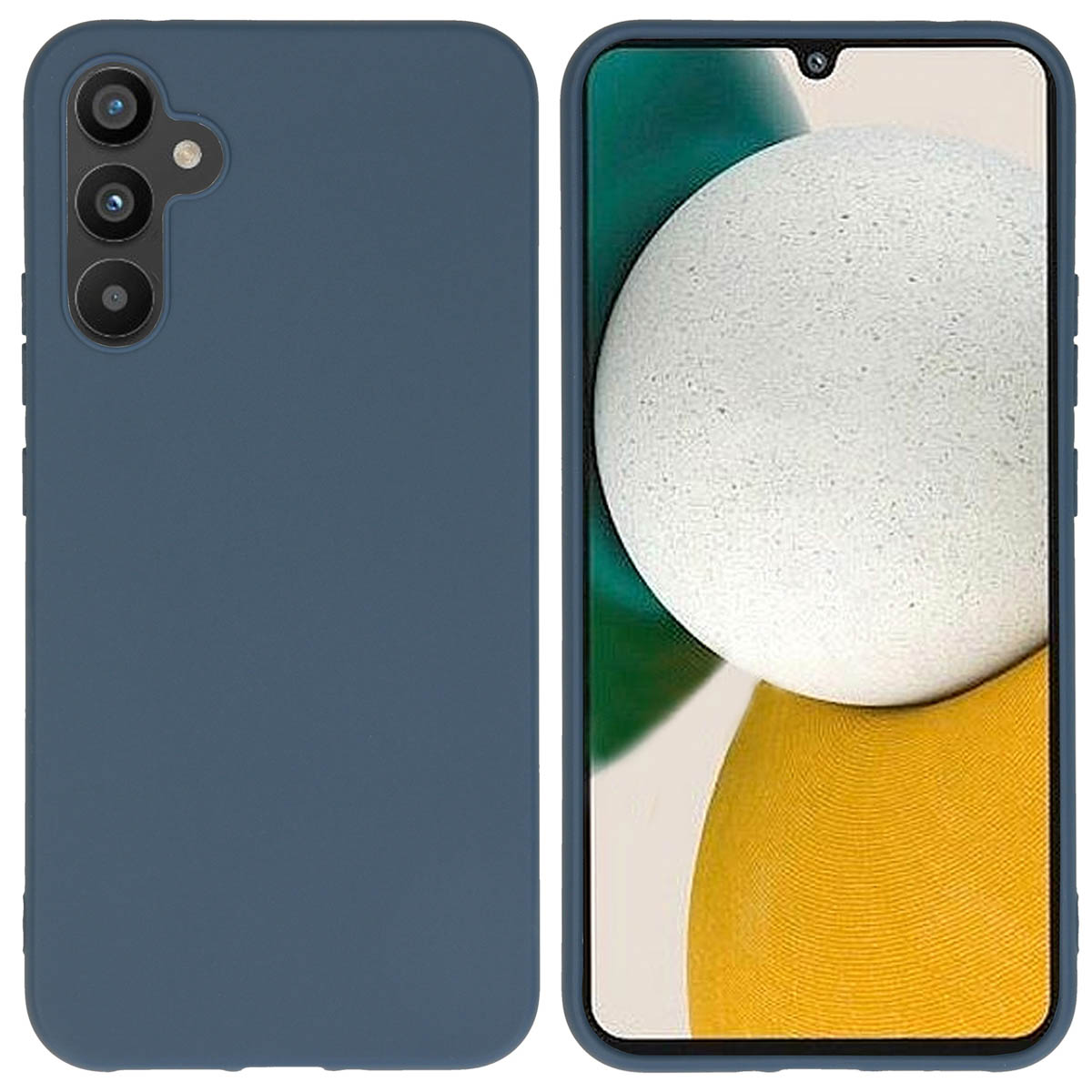 Twee telefoonhoesjes. De eerste is effen blauw, de tweede is een telefoon met een wit scherm.