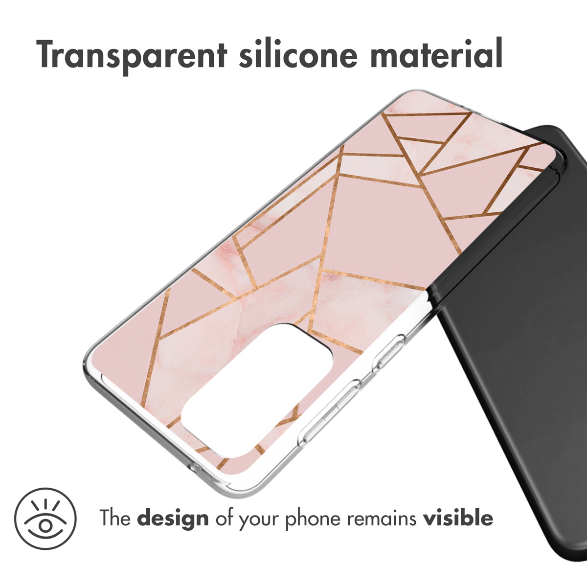 Coque transparente avec un design rose et or. Téléphone dans la coque. Le design reste visible.