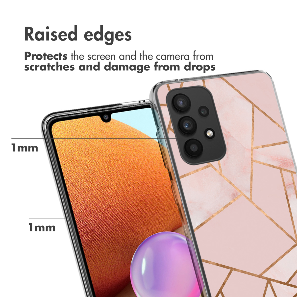 Un téléphone avec une coque rose à motif marbré. Texte : « Bords surélevés » et « Protège l'écran des rayures et des dommages ».