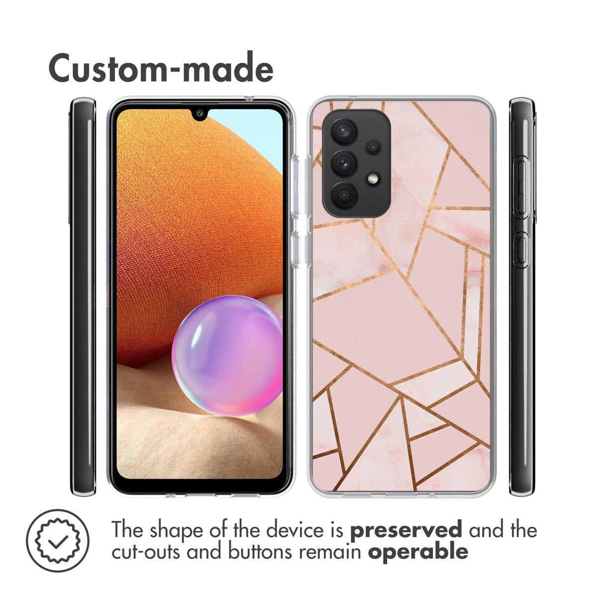 Coque de téléphone avec motif géométrique rose. Écran du téléphone affiche application et bulle violette. Texte dit 'Custom-made'.