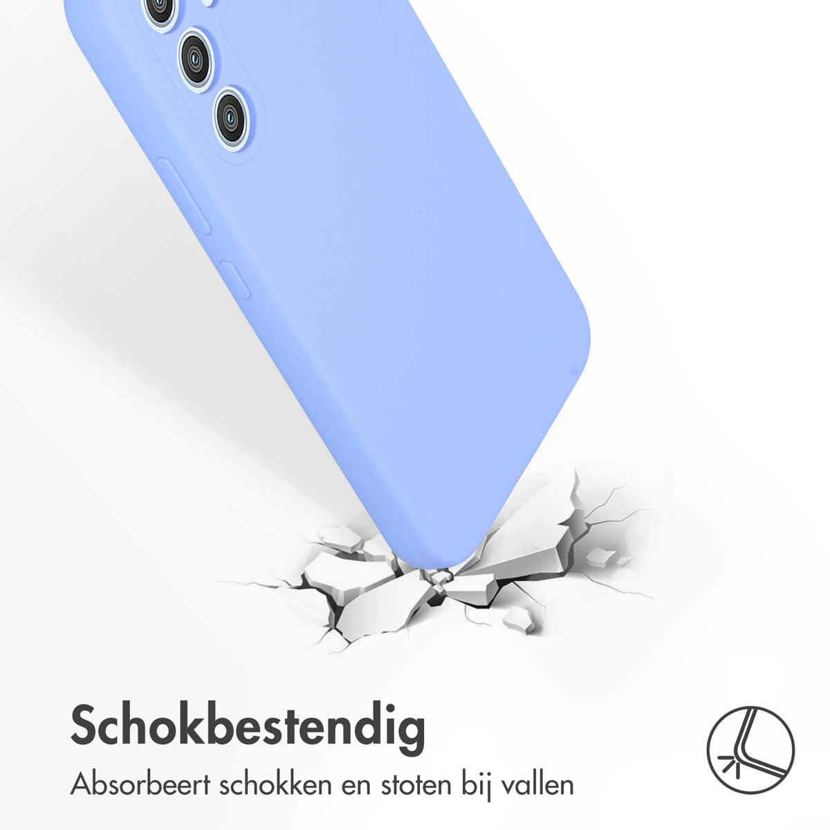 Une coque de téléphone bleue tombant sur une surface. La surface est fissurée. Le texte dit : Antichoc. Absorbe les chocs.