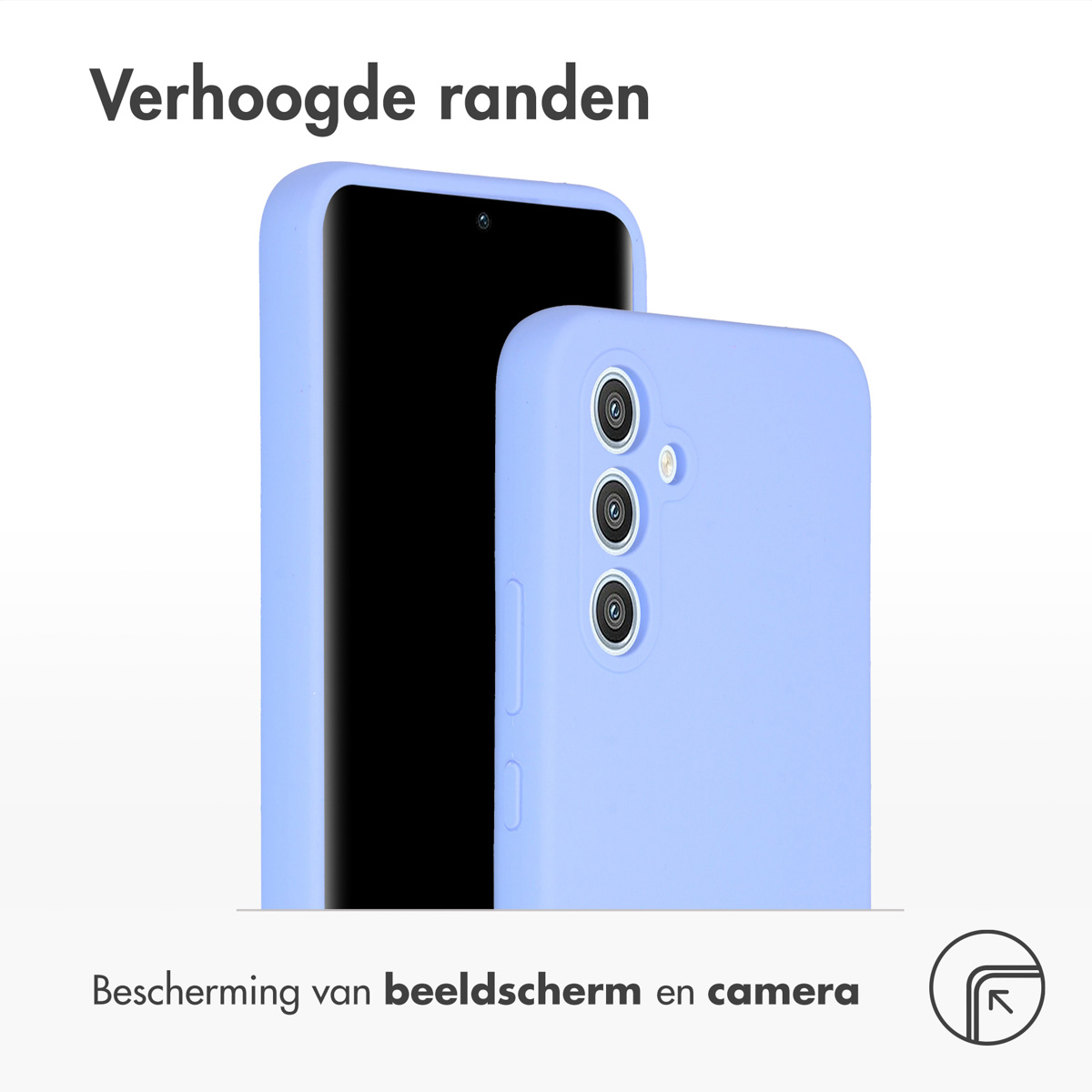 Téléphone et coque bleue. Texte: Protection de l'écran et de la caméra. Bords surélevés.