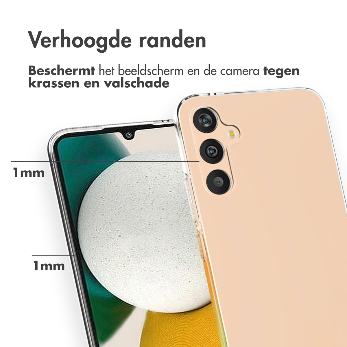 Téléphone avec étui, montrant des bords surélevés pour protéger l'écran et la caméra.