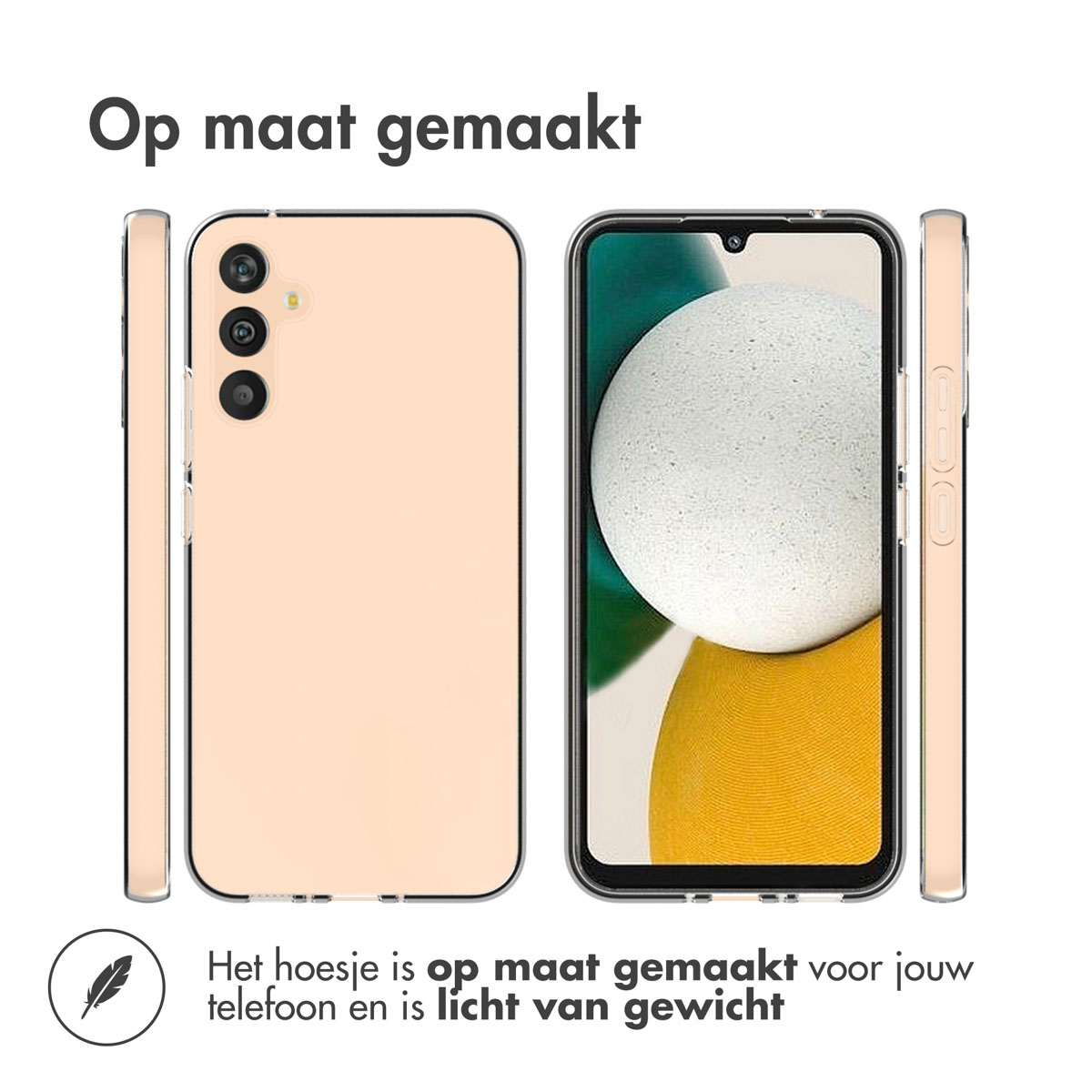 Trois vues d'un téléphone dans une coque. Le téléphone est beige, avec vues latérales et arrière. Texte : Op maat gemaakt.