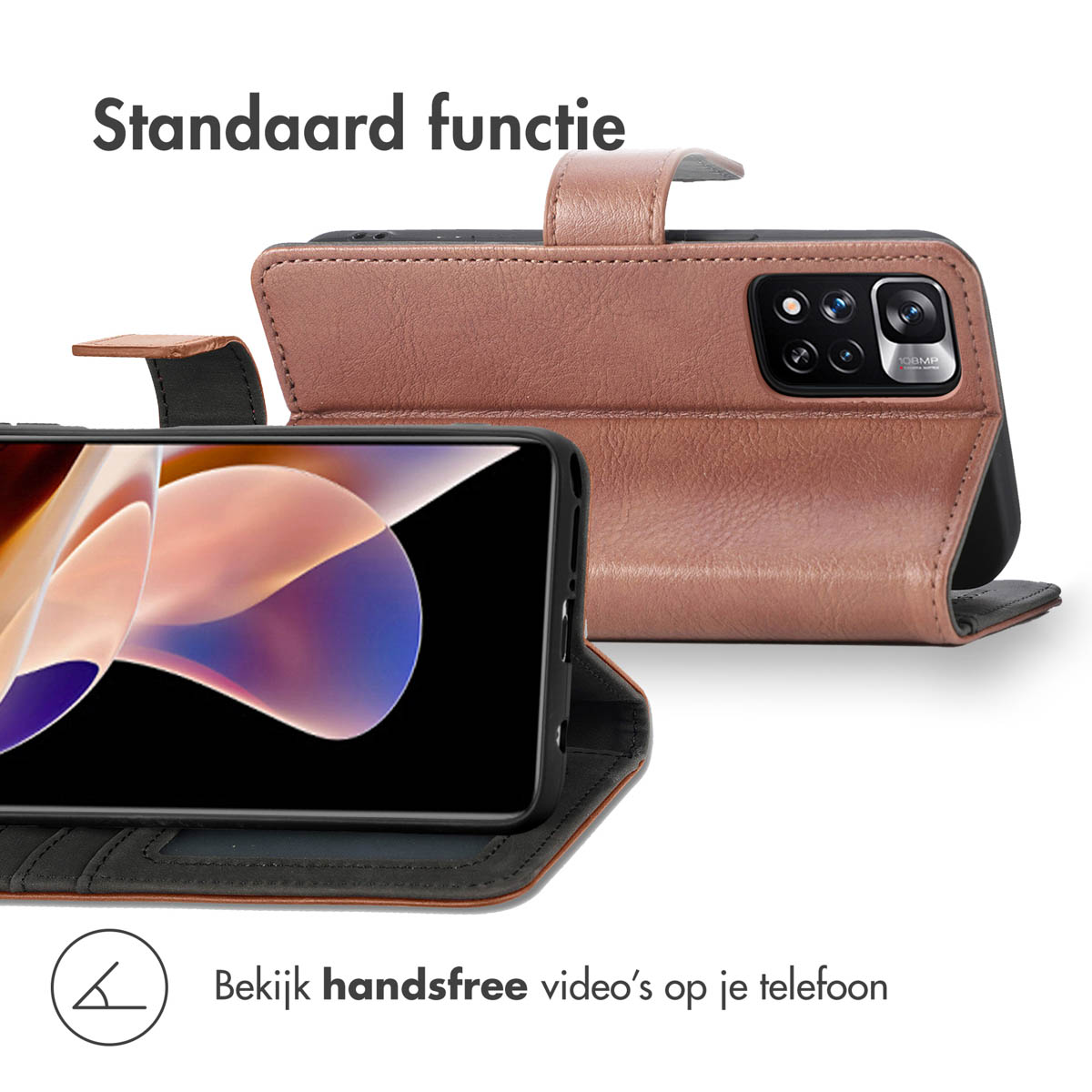 Open bruine telefoonhoes met telefoon. De telefoon toont een afbeelding.