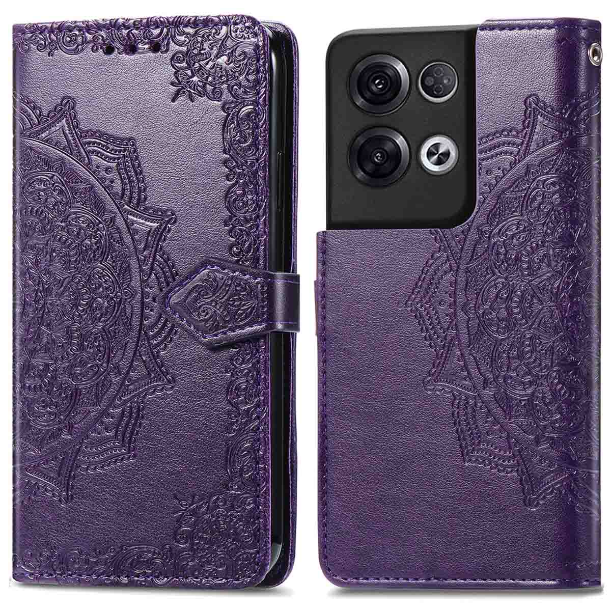 Un étui de téléphone violet, ouvert et fermé. Un téléphone est à l'intérieur de l'étui. Il a un design de mandala.