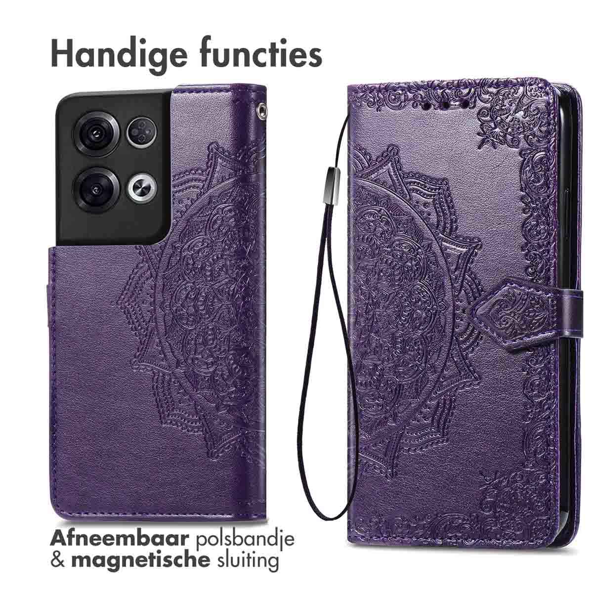 Coque de téléphone violette avec un motif mandala. Avec dragonne amovible et fermeture magnétique.
