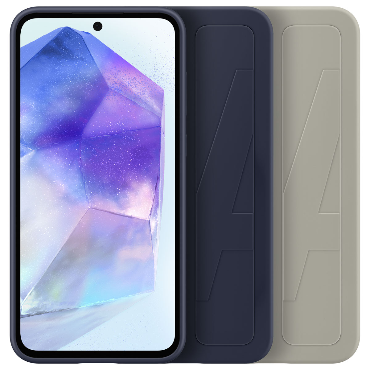Smartphone in einer Hülle. Die Hülle ist blau und grau mit einem Logo.