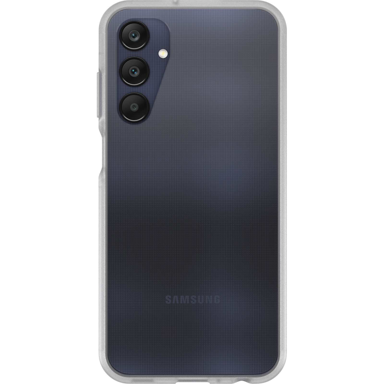 Un téléphone Samsung noir avec trois caméras est dans un étui transparent. Le téléphone est sur fond blanc.