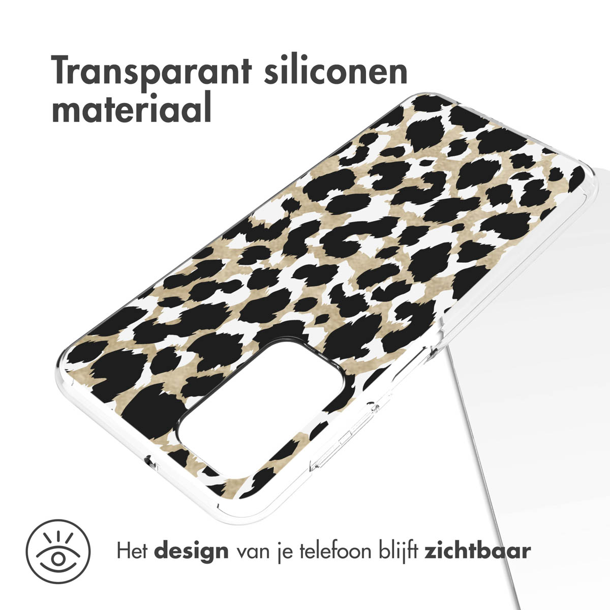 Coque transparente avec motif léopard. Texte: Silicone transparent, design visible.