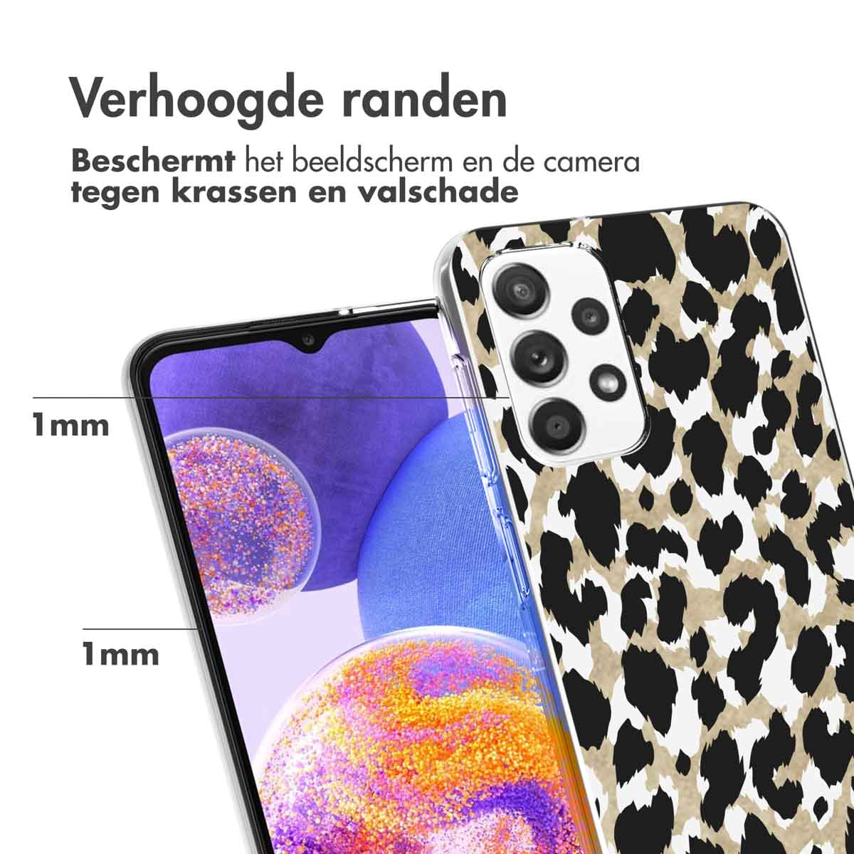 Téléphone avec coque léopard. Bords surélevés protègent écran/caméra.