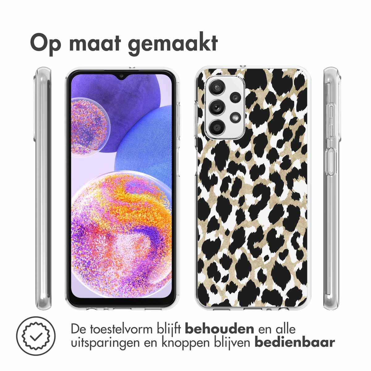 Téléphone avec étui à imprimé léopard. L'étui et le téléphone sont affichés. Vue latérale, supérieure et avant du téléphone.